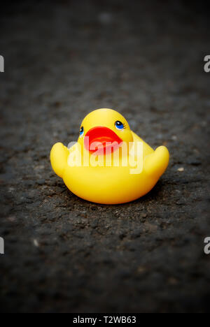 close up of a yellow rubber toy duck on a street Stock Photo