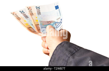 Hand holding euro banknotes isolated on white background with clipping ...