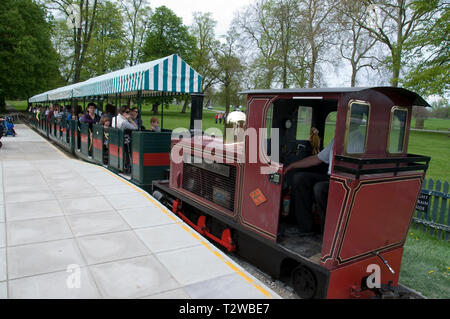 The small train named 'Sir Winston Churchill' with its carriages of visitors  leaving Pleasure Garden Station in the grounds of Blenheim Palace at Woo Stock Photo