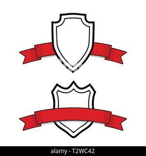 Vintage shields set with red ribbons, isolated design elements Stock Vector