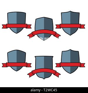Vintage shields set with red ribbons, isolated design elements Stock Vector