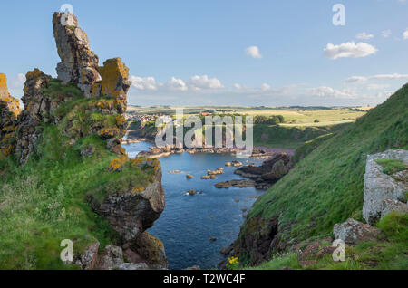 St Abbs coastal village viewed from the clifftop at White Heugh above Starney Bay Stock Photo