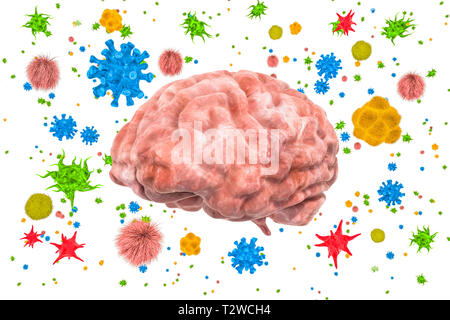 Brain with viruses and bacteria. Brain disease concept, 3D rendering isolated on white background Stock Photo
