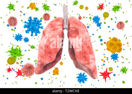 Lungs with viruses and bacteria. Lungs disease, infection concept, 3D rendering isolated on white background Stock Photo