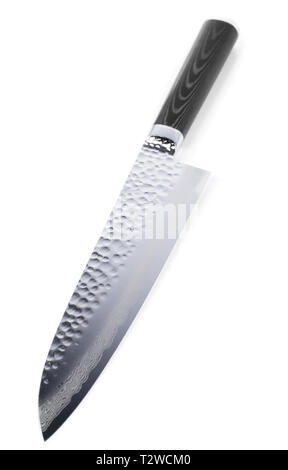 Japanese gyuto knife of damascus steel, isolated on white Stock Photo