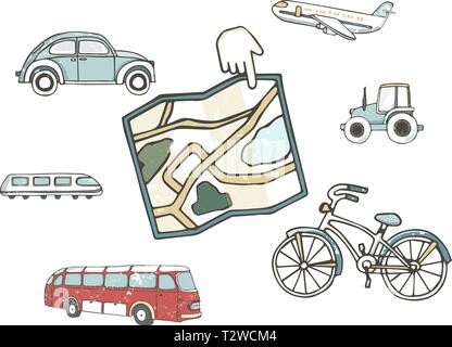 Transport 8 icons. Trasportation Vintage Flat color Concept. Airplane, car, bike. Hand drawn illustration, grunge style texture clip art on white back Stock Vector