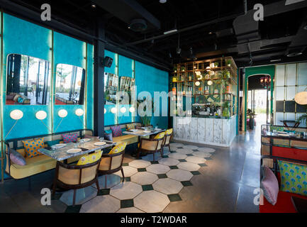 Lower area interior of restaurant. Masti Dubai, Dubai, United Arab Emirates. Architect: Studio Lotus , 2018. Stock Photo