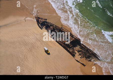 Ship Wreck on Fraser Island, Australia: An aerial photograph of the wreck of the SS Maheno on Fraser Island, Queensland, Australia. Taken in 2011. Stock Photo
