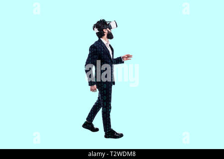 Full length portrait of a businessman in glasses of virtual reality with binary code on him, concept of virtual reality in programming, mixed media Stock Photo