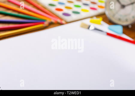 Bright composition - the album and supplies for painting. flat lay. copyspace Stock Photo