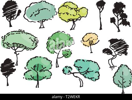 Trees sketch set, cartoon vintage illustration, ink draw engraved style, hand drawn isolates. Vector image Stock Vector
