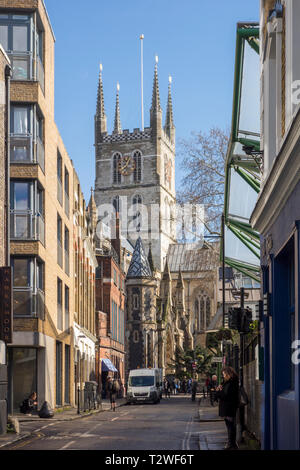 View of Southwark Cathedral from Winchester Walk next to Borough Market, Southwark, London, UK Stock Photo