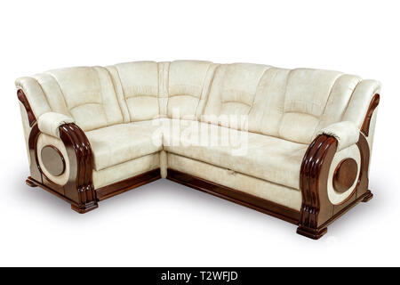 Comfortable corner sofa with wooden inserts, Isolated on a white background with clipping path Stock Photo