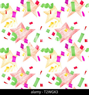 Festive seamless pattern with stars and confetti. Abstract seamless pattern with yellow, orange and red stars, purple, green, red and golden geometric Stock Photo