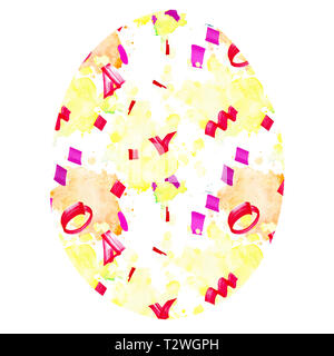 Easter egg with multi-colored spots. Abstract background with bright geometric shapes and watercolor stains, limited to egg shapes on a white backgrou Stock Photo