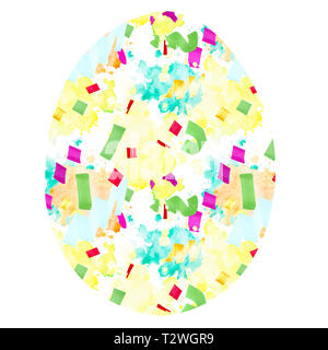 Easter egg with multi-colored spots. Abstract background with bright geometric shapes and watercolor stains, limited to egg shapes on a white backgrou Stock Photo