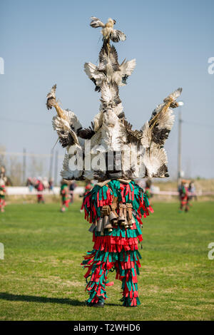 VARVARA, BULGARIA - MARCH 24, 2019: Moment from National Festival Dervish Varvara presents traditions of Bulgarian Kuker Games. Participant walks with Stock Photo