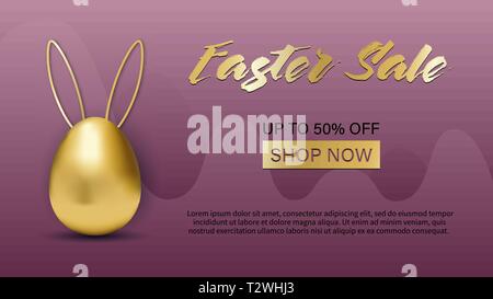 Easter Sale special offer banner with golden easter egg with rabbit ears and handwritten text design on violet background for business, promotion and  Stock Vector