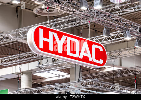 HANNOVER / GERMANY - APRIL 02 2019 : Hydac is presenting their newest innovations at the Hannover Messe. Stock Photo