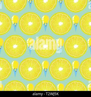 Seamless pattern with lemon slices and ice cream background. Surface pattern.It be perfect for fabric, wrapping,packaging, digital paper and more. Stock Vector