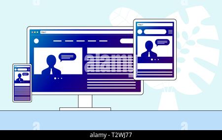 Responsive adaptive web design. Website open on different devices. Computer PC monitor, tablet, smartphone mobile. Flat minimalistic modern digital ve Stock Vector