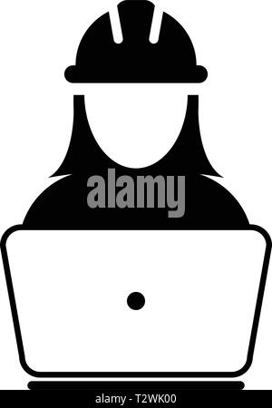 Operator worker icon vector female Construction service person profile avatar with laptop and hardhat helmet in glyph pictogram illustration Stock Vector