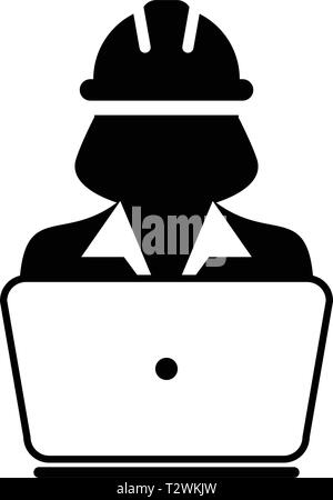 Contractor icon vector male construction service worker person profile avatar with laptop and hardhat helmet in glyph pictogram illustration Stock Vector