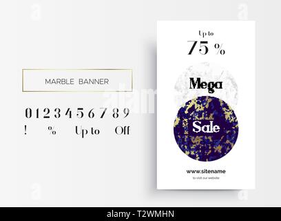 Mega Sale banner template design. Marble texture. Discounts up to 75 percent. As well as a set of all numbers for easy text change in the layout. Luxu Stock Vector