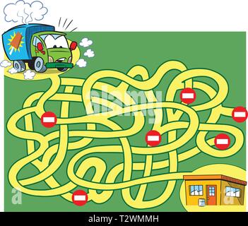 In vector illustration, a logic puzzle for children, in which you need to decide how to get an ice cream truck to the store. Stock Vector
