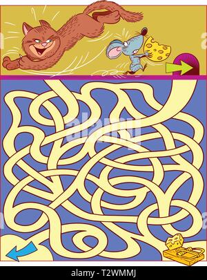 In vector illustration, a logic puzzle for children, in which you need to decide how mouse to run  from cat Stock Vector