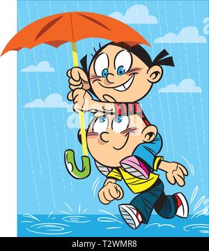 Vector illustration a boy and a girl run with an umbrella in the rain Stock Vector