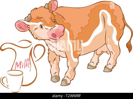 On vector illustration cute cow with a jug of milk. Stock Vector