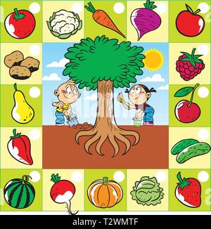 On vector illustration children work in the garden, a set of fruits and vegetables growing in and above the ground Stock Vector