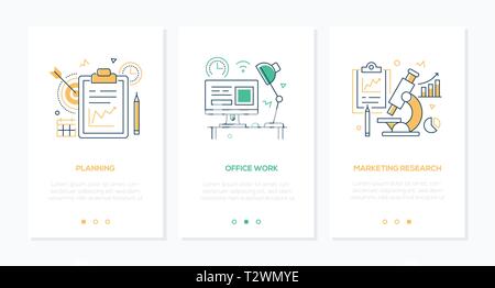 Business and technology - set of line design style vertical web banners with copy space for text. Images of a clipboard, workplace with computer, micr Stock Vector