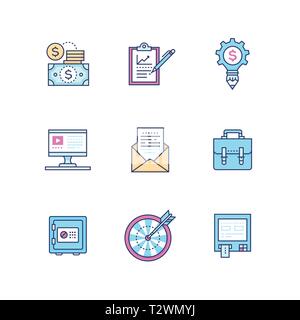 Business - set of line design style icons isolated on white background. High quality pink, blue images of infographic, computer screen, gears, money,  Stock Vector