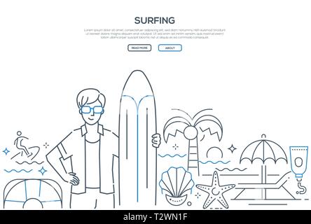 Surfing - modern line design style web banner on white background with copy space for text. A composition with a young man, boy in sunglasses standing Stock Vector