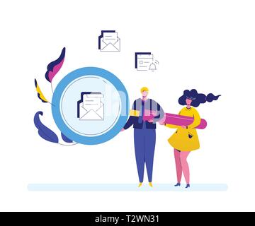 Search concept - flat design style colorful illustration on white background. A composition with a man, woman holding a big magnifying glass, loupe, t Stock Vector