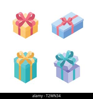 Set of presents - modern vector colorful isometric elements isolated on white background. High quality collection of objects, closed and open gifts, b Stock Vector