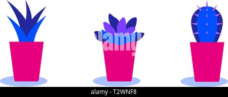 Set of cacti in pots. Illustration of bright color combinations. Icons of blue, purple and pink colors in clean minimal style. Stock Vector