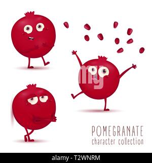 Pomegranate. Cute fruit vector character set with different expresions and positions isolated on white background Stock Vector