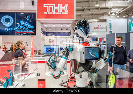 HANNOVER / GERMANY - APRIL 02 2019 : THK is presenting their newest innovations at the Hannover Messe. Stock Photo