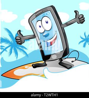 fun mobile surfer character cartoon. vetcor illustration Stock Vector