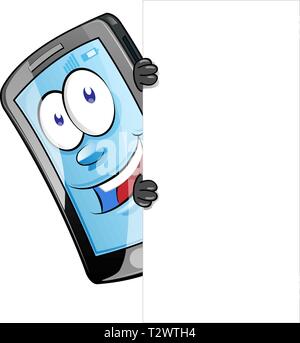 Mobile Phone character with Blank Sign . Vector Clip Art Stock Vector