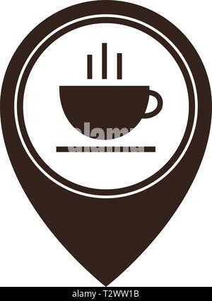 Map pointer with hot coffee cup icon isolated on white background. Food and drink pointer. Vector illustration Stock Vector