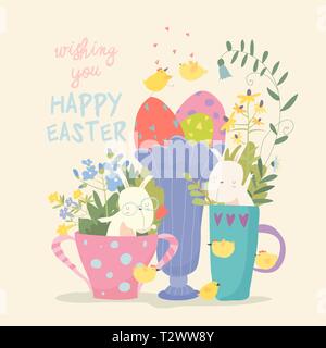 Cute little bunny in a cup. Rabbit in a mug with flowers and eggs Stock Vector
