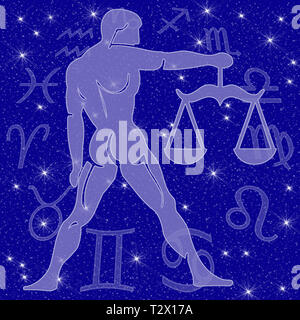 Zodiac sign with star image as relief in front of a dark blue starry sky Stock Photo