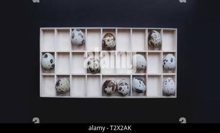 Quail eggs in wooden containers. Top view. Black background Stock Photo
