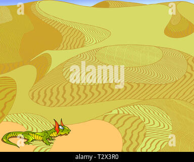 On an illustration background with a stylized landscape of yellow desert. And a green, bright lizard in the foreground. Stock Photo