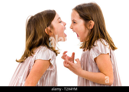 Identical twin girls sisters are arguing yelling at each other. Angry girls are shouting, yelling and arguing with emotional expression on faces. Fron Stock Photo