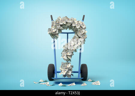3d rendering of hand truck standing in half-turn with question mark made up of dollar banknotes on it on light-blue background with copy space. Make m Stock Photo